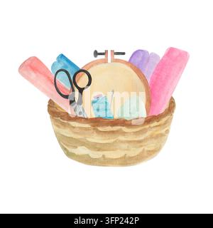 Handgezeichnete Aquarell-Strickelemente im Korb-Illustrationsset. Garnknäuel-Clipart, Bastel- und Hobby-Clipart Stockfoto
