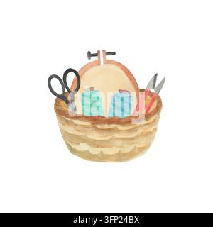 Handgezeichnete Aquarell-Strickelemente im Korb-Illustrationsset. Garnknäuel-Clipart, Bastel- und Hobby-Clipart Stockfoto
