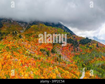 Luftbild von lebhaftem Herbstlaub an den Berghängen nahe Kyhv Mountain Road mit kurvenreichen Straßen und tief hängenden Wolken in Provo, Utah, Vereinigte Staaten Stockfoto