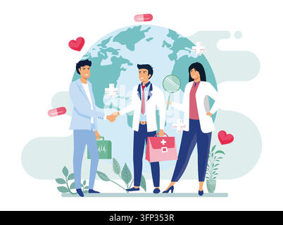Ärzte und Fachleute, die zusammenarbeiten, dargestellt vor einem globalen Hintergrund, der Gesundheit und medizinische Teamarbeit betont. Flache Vektor-Modellillustration Stock Vektor