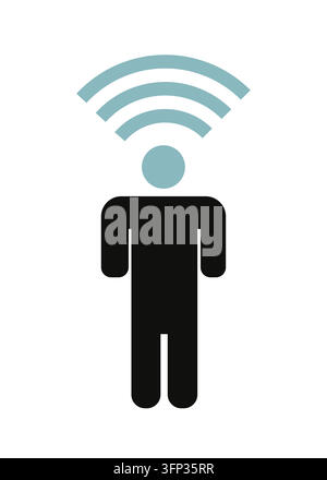 Eine Illustration einer Personensilhouette mit einem blauen WiFi-Symbol, das vom Kopf ausgeht und digitale Verbindung, Kommunikation und Internet darstellt Stock Vektor