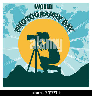 Feier des Weltfototages zeigt einen Fotografen im Silhouettendruck auf einem Stativ mit einem hellen globalen Thema, das Kreativität und die Kunst des St... Stock Vektor