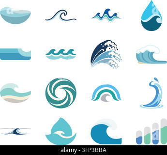 Eine saubere flache Illustrationssammlung mit verschiedenen Wellen- und Wasserdesigns Stock Vektor
