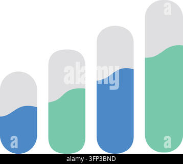 Flache Illustration von vier vertikalen abgerundeten Balken mit abwechselnden blauen und mintgrünen Wasserständen unter hellgrauen oberen Abschnitten Stock Vektor