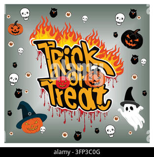 Die Halloween-Feier zeigt Trick or Treat-Text, umgeben von Jack-o'-Laternen, Eulen, Geistern, Lichtdesigns und gruseligen Details, um die f Stock Vektor