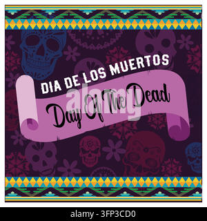 Feier des Día de los Muertos mit festlichen Schädeln und dekorativen Mustern zur Ehre der mexikanischen Traditionen. Mit traditionellen Farben und Designs, die Stock Vektor