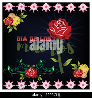 Farbenfrohes Dia de los Muertos-Kunstwerk mit dekorativen Rosen und Blumen auf einem dunklen Hintergrund. Eine symbolische kulturelle Darstellung mit einem hellen Flor Stock Vektor