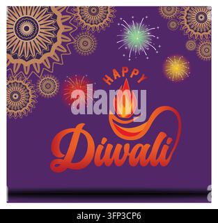 Festliche Diwali-Designs zeigen farbenfrohe Feuerwerke, kunstvolle Muster und leuchtende Diya-Lichter, um das fröhliche Lichterfest zu feiern. Flacher Vektor Stock Vektor