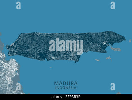 Madura Indonesien Inselkarten-Poster, dunkle marineblaue geografische Straßenraster-Illustration Stock Vektor