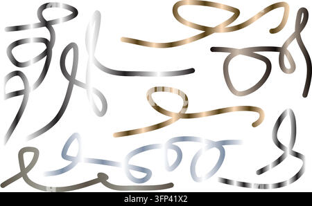 Sammlung von Linien mit einem glänzenden metallischen Farbverlauf, die verschiedene geschwungene und abstrakte Designs auf einem weißen Hintergrund bilden. Stock Vektor