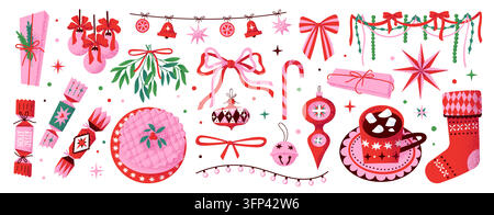Weihnachtskritzeleien mit festlichen Ornamenten und Süßigkeiten. Vektorillustrationen mit Bändern, Sternen und saisonalen Dekorationen. Vektorset im trendigen rosa Vintage-Stil für Feiertags-Xmas-Designs. Stock Vektor