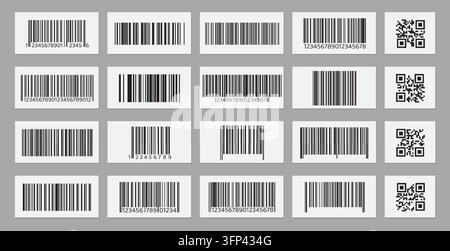Barcode-Vektorsymbole mit Seriennummer und Preisschild, realistisches Vektordesign isoliert auf weißem Hintergrund. QR- und Datenliniencode zur Produktidentifizierung, Einzelhandelsverpackung, Supermarktaufkleber Stock Vektor