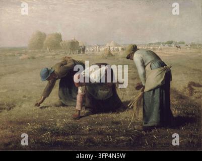 Jean-François Millet, Des Glaneuses (Die Glanerinnen), 1857, Öl auf Leinwand. Eine monumentale ländliche Szene, die drei Bauernfrauen zeigt, wie sie nach der Ernte übrig gebliebenes Getreide einsammeln, und dabei die Härte und Würde der Landarbeiter betont. Ein Hauptwerk des französischen Realismus des 19. Jahrhunderts. Stockfoto