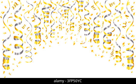 Goldener, silberner Streifen und Konfetti auf transparentem Hintergrund. Dekoration mit Serpentine für Geburtstag, Party, Weihnachten, Neujahr. Die Goldlocken fallen Stock Vektor