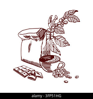 Tasse Kaffee, Schokoladenriegel daneben und ein Kaffeizweig. Handgezeichnete Vektorillustration im Linienstil mit detaillierter Schattierung. Geeignet für Stock Vektor