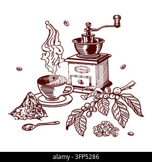 Kaffeemühle, Tasse Kaffee, Pflanzenzweig und geröstete Bohnen. Handgezeichnete Vektorillustration im Linienstil mit detaillierter Schattierung. Geeignet für Stock Vektor
