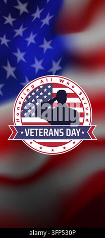 Fröhlicher Veterans Day 11. November Banner, Grußkarte, Logo. Allen, die gedient haben, die Ehre erweisen. Amerikanische Flagge, Soldat. Nationalfeiertag USA Veterans Day 11. Nov. Stock Vektor