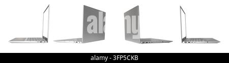 Laptop-Set, Notebook-Computer aus Seiten- und Rückansicht, isoliert auf weißem Hintergrund. Silbernes Aluminium-PC-Modell mit offener Tastatur, mehrere Ansichten zu Stockfoto