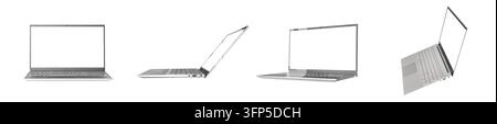 Laptop-Mockup-Set, leerer Bildschirm-Notizbuchcomputer isoliert auf Weiß. Silbernes Aluminiumgerät mit Tastatur aus mehreren Blickwinkeln und Ansichten. Leeres Widesc Stockfoto