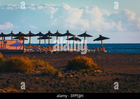 Strand mit einer Reihe von Strohsonnenschirmen und Sonnenliegen auf dunklem Vulkansand neben dem Meer. Trockene Küstenshrubben wachsen im Vordergrund, während Stockfoto