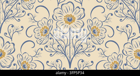 Blauer Blumenstrauß Nahtloses Muster auf warmem Creme. Vintage botanisches Ornament mit zarten geschwungenen Stielen und gelben Blumenmitten. Eleganter Vektor Stock Vektor