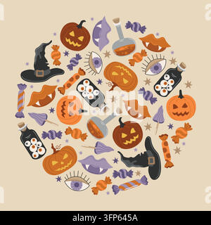 Halloween-Rundkomposition aus einem Jack-o'-Lantern-Kürbis, Süßigkeiten, Hexenhut, Vampirlippen, Zaubertrank für Karte, Poster, Verpackung Stock Vektor