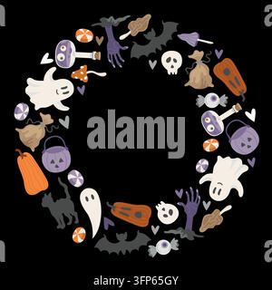 Halloween-Rundrahmen aus Jack-o'-Lantern-Kürbis, Süßigkeiten, Geist, Zaubertrank, Schädel und Fledermaus für Feiertagsgrußkarte, Verpackung Stock Vektor