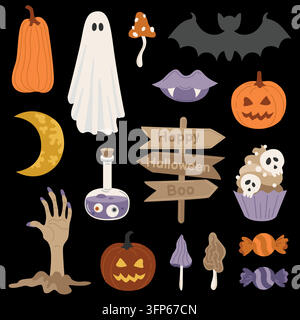 Halloween-Elemente, Jack-o-Lantern-Kürbis, Süßes, Geist, Vampirlippen, gruseliger Cupcake und Fledermaus für Feierverpackungen oder Party-Dekoration Stock Vektor