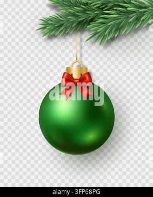 Grüne Weihnachtsdekoration mit einer roten Schleife, die an einem Tannenast auf einem transparenten Hintergrund hängt. Stock Vektor
