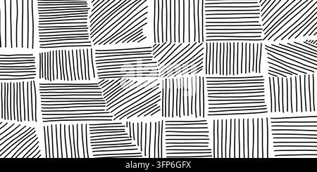 Abstrakte Banner mit grauen horizontalen und vertikalen Schrägstrichen auf weißem Hintergrund. Minimales Doodle-Linien-Geometrie-Muster für Druck, Papier. Stockfoto