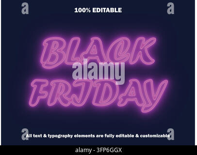 Black Friday Neon-Schild-Text-Effekt, bearbeitbares Typografie-Design für Verkaufsförderung, leuchtende lila Buchstaben auf dunklem Hintergrund Stock Vektor