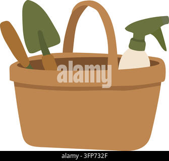 Holzkorb für den Garten, gefüllt mit Handwerkzeugen und Gartenbedarf, darunter ein kleiner Topf und Handschuhe. Handgezeichnete Illustration für Gartenarbeit, Pflanzen, Stock Vektor