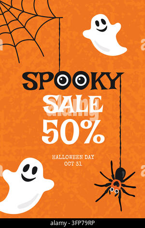 Gruseliges Halloween-Angebot 50 Prozent Rabatt Banner-Vorlage mit Geistern, Spinne und Netz flache Vektorillustration Stock Vektor