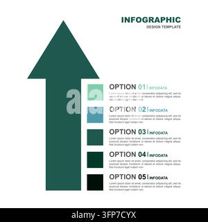 Infografik-Designvorlage mit einer Infografikvorlage mit einem dunkelgrünen Pfeil nach oben und fünf Textblöcken. Stock Vektor
