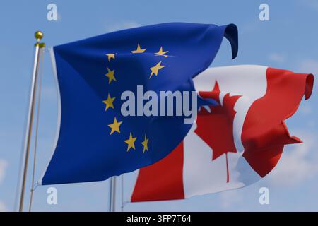 Europäische Union und kanadische Nationalflaggen wehen nebeneinander an Flaggenmasten vor einem wolkigen blauen Himmel, symbolisieren diplomatische Beziehungen und Partnerschaft Stockfoto
