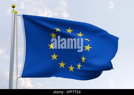 Die Flagge der Europäischen Union weht an einem Metallflaggenmast vor einem hellen Himmel und steht für europäische Einheit, internationale Beziehungen, Handelsabkommen, Diplomatie, Stockfoto