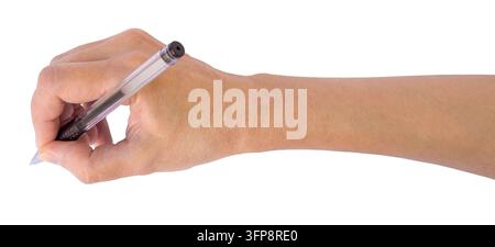 Weibliche Hand, die einen Schreibstift hält, isoliert auf transparentem Hintergrund, ideal für Visitenkarten-Design oder Branding-Mockup. PNG Stockfoto