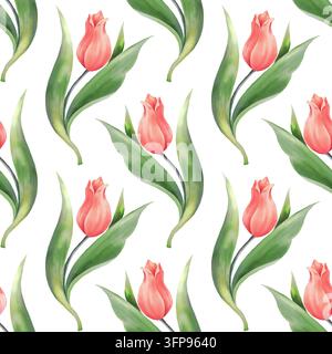 Nahtloses Muster mit roten Blumen und Blättern. Frühlings-Tulpenblumen. Sommer- oder Frühlingshintergrund. Stockfoto