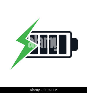 Flache Vektorillustration einer vollständigen Batterie mit einem grünen Blitzsymbol, das Öko-Energie, schnelles Laden, Stromversorgung und Technologie symbolisiert. Stock Vektor