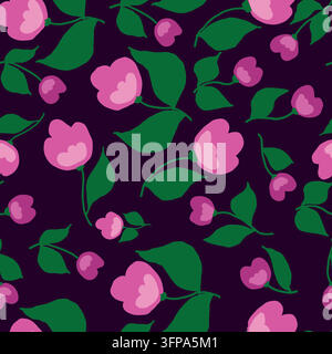 Modernes nahtloses Blumenmuster mit stilisierten rosa Blüten und grünen Blättern auf einem dunklen pflaumenfarbenen Hintergrund. Trendige Flachdesign-Vektorillustration Stock Vektor