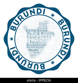 Burundi-Logo. Schönes Landeswappen mit Wortwolke in Form von Burundi. Rundes Emblem mit Landesname. Kreative Vektorillustration. Stock Vektor