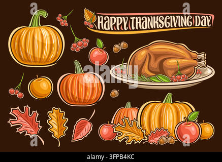 Vektor-Set für Thanksgiving Day, Sammlung von Cartoon-Design traditionellen Thanksgiving-Symbolen – ganzes geröstetes Truthahn auf dem Teller, Gemüse-Stillleben und Stock Vektor