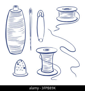 Nähwerkzeug-Set aus handgezeichneter Vektorillustration. Spule, Nadel, Stecknadel und Fingerhut als Linienkunst isoliert vom Nähkonzept, Handarbeit, Schneiderei. Umriss Stock Vektor