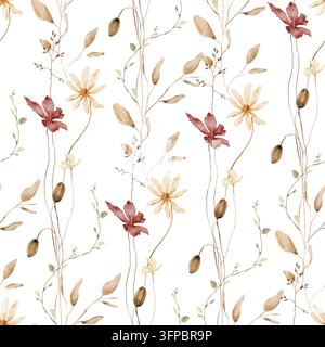 Handgemaltes Aquarell-musterloses Streifenmuster mit cremeweißen Gänseblümchen, kastanienbraunen Anemonenblüten, hellbraunen Blättern, getrockneten Samenkapseln und zarten Gräsern Stockfoto