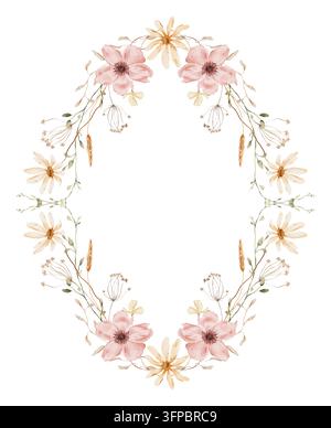 Handgemaltes Aquarell-E ovaler Blumenrahmen für die Hochzeit mit rosa Anemonenblüten, Gänseblümchen, Weizenähren und getrockneten Kräutern auf weißem Hintergrund. Vertikal Stockfoto