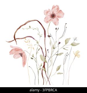 Aquarell Blassrosa Mohnblumen mit dunklen Mittelpunkten, gebogenen Samenkapseln und salbeigrünem Blattwerk auf weißem Hintergrund. Wildblumenstrauß. Herbstkomposition w Stockfoto