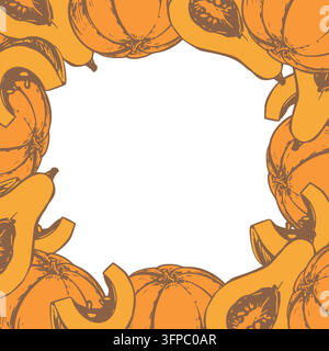Vektor-Quadratrahmen. Thanksgiving-Banner mit ganzem Kürbis und einer Scheibe. Handgezeichnete Skizze eines Herbstgemüse-Kürbisses. Vintage-Vorlage mit Platz für Text. Linearer Tuschezeichnung-Ätzstil. Stock Vektor