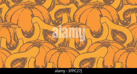 Vektormuster mit ganzen orangefarbenen Kürbissen und Scheiben. Nahtloser Hintergrund im Kupferstichstil. Handgezeichnete Illustration einer herbstlichen Kürbis. Vintage-Element für Thanksgiving und Halloween. Lineare Tintenzeichnung Stock Vektor