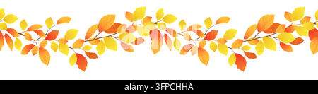 Horizontale Bordüre mit Herbst-Buchenast. Orange und gelbe Buchenblätter im Frühherbst. Vektor-Muster Nahtlos Blattfall. Illustration für saisonale Verkäufe und Angebote. Stilisierter Cartoon-Ulmenast. Stock Vektor