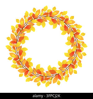 Runder Rahmen aus herbstlichem Buchenzweig. Orange und gelbe Buchenblätter im Kranz. Vektorillustration von fallenden Blättern. Vorlage für saisonale Rabattangebote. Stilisierter Ulmenzweig für Thanksgiving. Stock Vektor